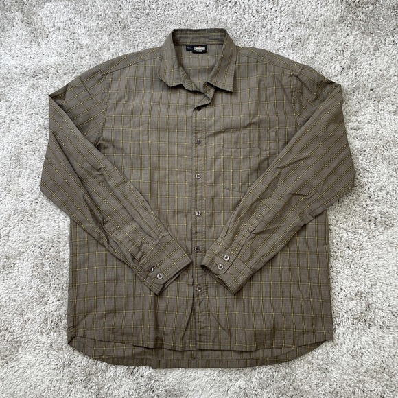 Kavu Shirt Mens XL Brown Yellow Plaid Button Down Long Sleeve Outdoors Polyester - Picture 1 of 10